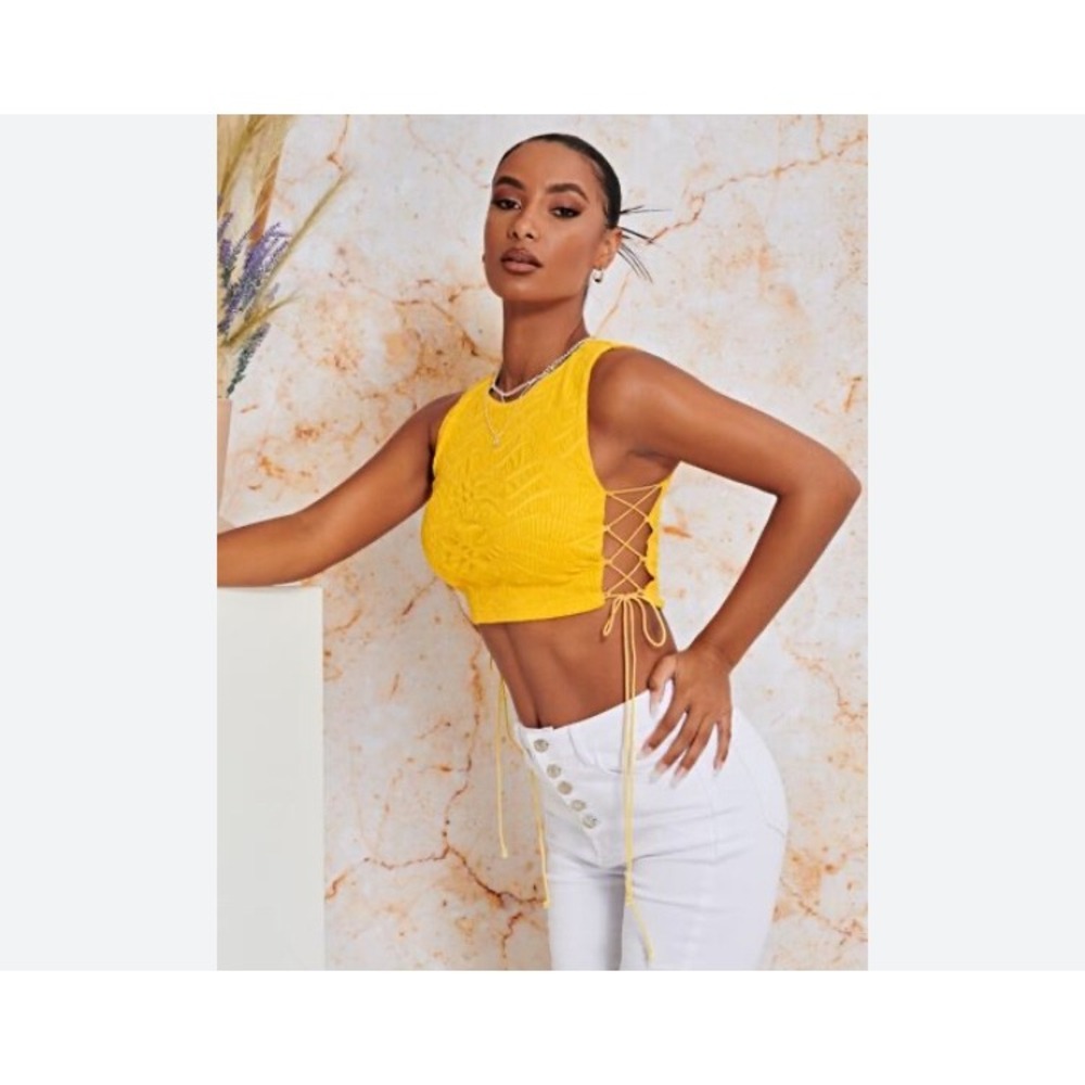 NWT SHEIN Bae Yellow Popcorn Crinkle Lace Up Side Crop Top Sleeveless Small NWT